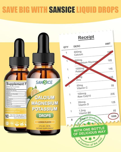 Calcium Magnesium Potassium Supplement Liquid,400mg Magnesium Glycinate,600mg Calcium (60ml/Lemon Flavor)