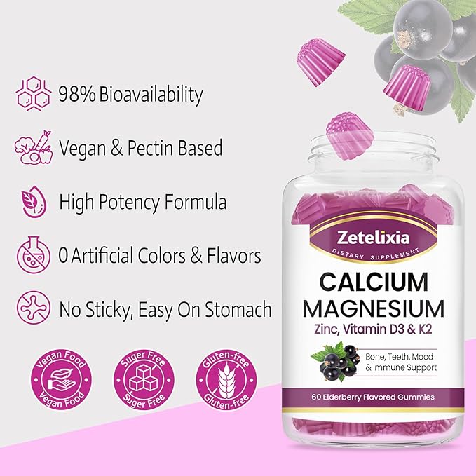 Sugar Free Calcium Gummies for Women D3 & K2, Calcium 60 Count