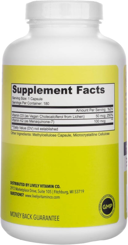 LIVELY VITAMIN CO. Solar Power Vitamin D3 2000 iu - Patented Vitamin K - MK7 - Immune Balance - Brain Function - Mood - Heart - Stress - 180 Count
