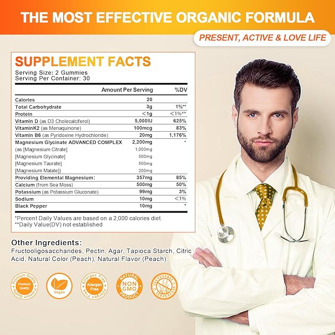 Magnesium Glycinate Gummies with Citrate 1000mg, B6, K2, K2, and 60 Peach