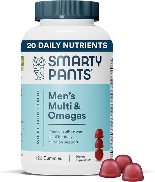 SmartyPants Multivitamin for Men, Gummies: Omega 3 Fish CoQ10, Vitamin D3, C, B12, B6, B6, Vitamin 120 Gummies (20 Day