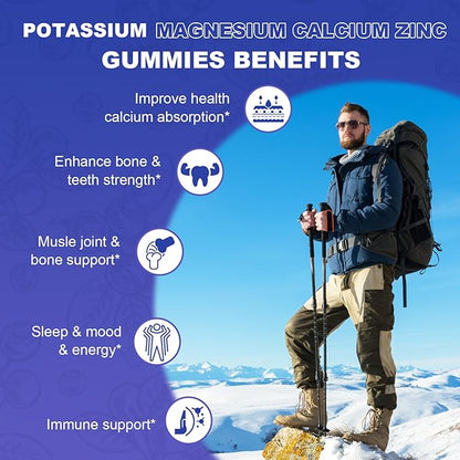 Potassium Magnesium Supplement Gummies,Magnesium Glycinate 500mg,Potassium Gluconate 99mg,Triple Magnesium Complex 1700mg,Calcium,Zinc,Vitamin D3 for Leg Cramps,Sleep,Immunity & Energy,60 Ct Blueberry