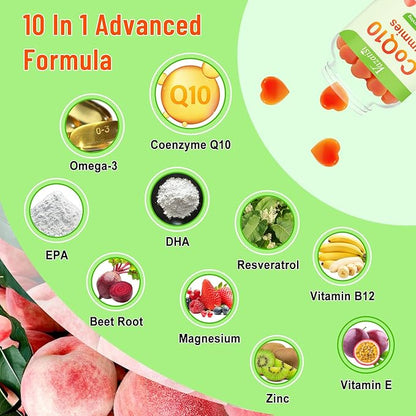 High Absorption CoQ10 Gummies 250mg, Plus Omega-3, Magnesium, B12 for 5X Better Q10 Supplement- 60Cts