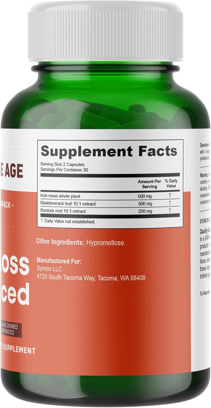 INFINITE AGE: 2 Pack, 1250mg Sea Moss Advanced Superfood, High-Potency, Vegan, Made in The USA - Irish Sea Moss, Bladderwrack, Burdock Root - Overall Health, Immunity Support, 120 Sea Moss Capsules
