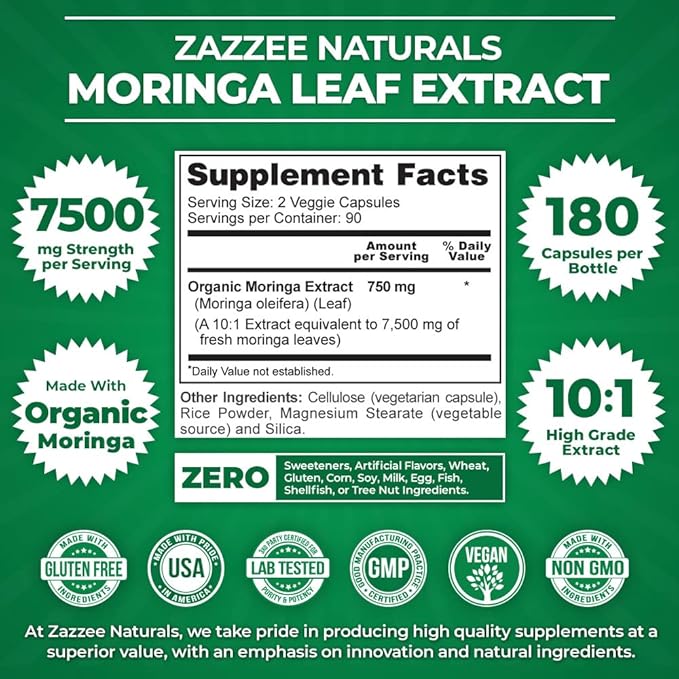 Zazzee Organic Moringa Oleifera Leaf 7500 180 Vegan 10:1 Extract, 100% Pure 10X Leaf