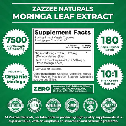 Zazzee Organic Moringa Oleifera Leaf 7500 180 Vegan 10:1 Extract, 100% Pure 10X Leaf