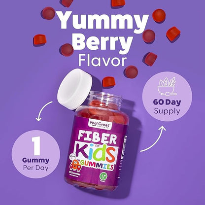 Feel Great Fiber Gummies for Kids Digestive Support | Constipation Relief for Kids | Fruity Flavored Chewable Kids Fiber Gummies | Vegetarian Supplements | 60 Day Supply