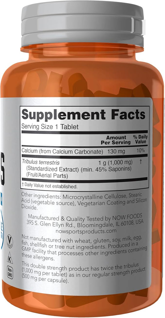 NOW Foods Sports Nutrition, Tribulus (Tribulus terrestris) 1,000 mg, Double Strength, Men's Health, 90 Tablets
