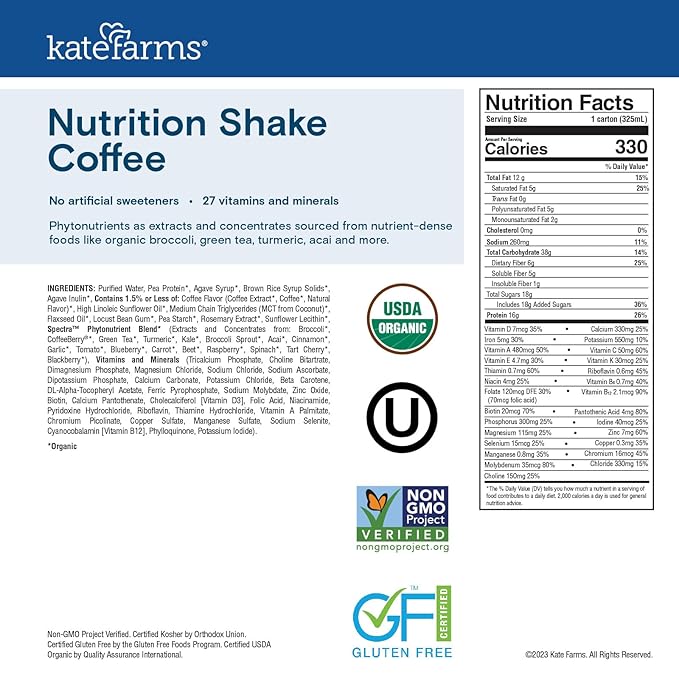 KATE FARMS Organic Nutrition Shake, Coffee, 16g protein, 27 Vitamins 11 oz (12 Pack)