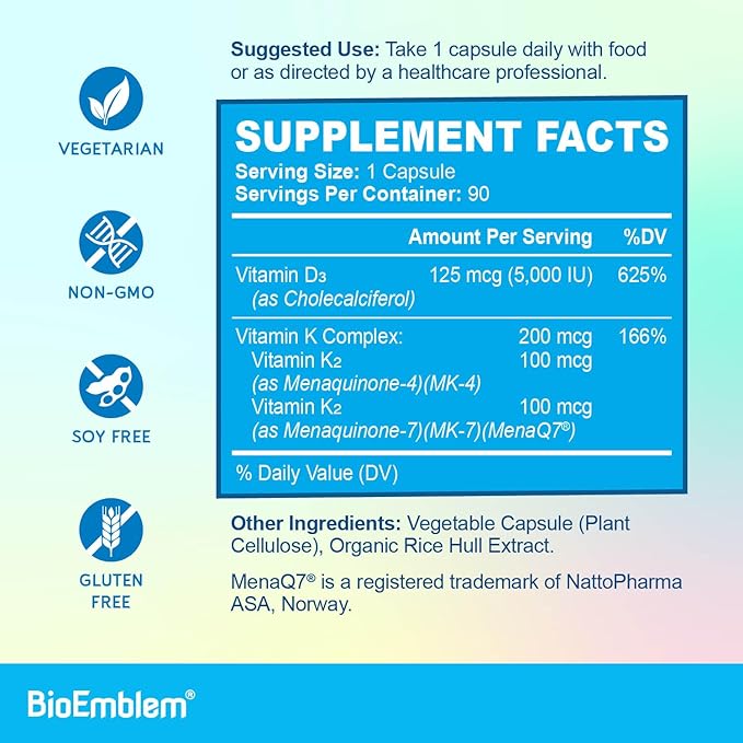 BioEmblem Vitamin D3 K2 Capsules (5000IU 200mcg) - MK7 and MK4 for 3-in-1 Complex K2 Supplement 90 Caps