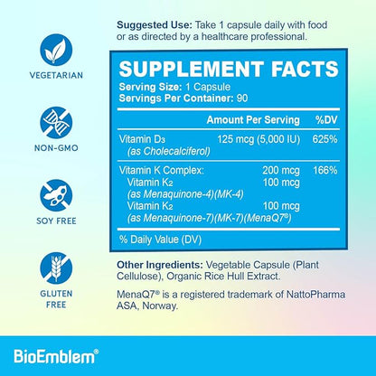 BioEmblem Vitamin D3 K2 Capsules (5000IU 200mcg) - MK7 and MK4 for 3-in-1 Complex K2 Supplement 90 Caps