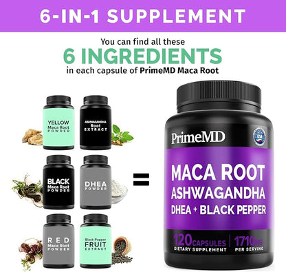 6-in-1 Organic Maca Root & Ashwagandha Capsules 1710mg w/DHEA & Black Pepper Fruit Extract - Maca Root Capsules for Women & Men - Stamina, Bone and Mood Support Supplement,120 Capsules (40 Servings)