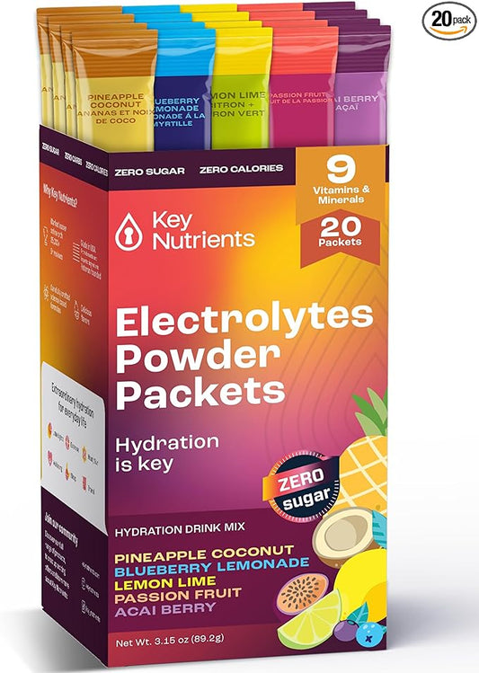 KEY NUTRIENTS Electrolytes Powder Packets No Sugar - 5 Delicious Flavors in Hydration Packets 20 Pack - No Calories, Gluten Free Electrolytes Powder Packets, Non GMO, Made in USA