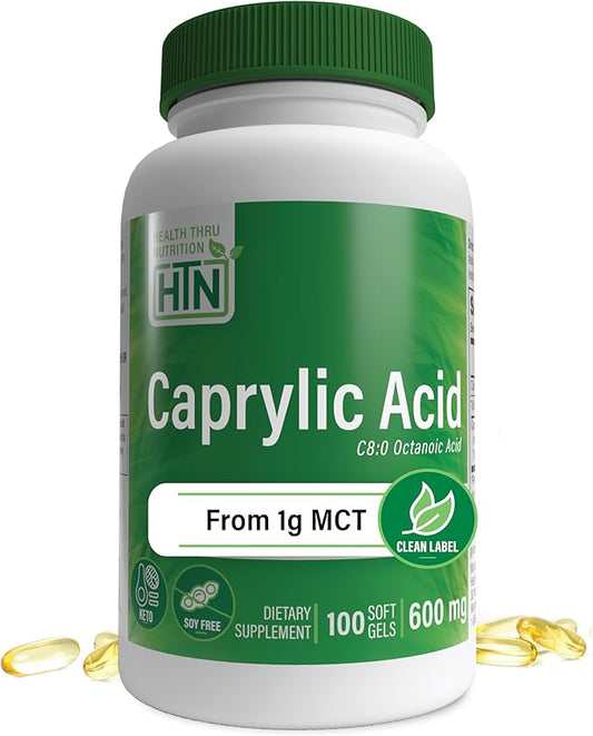 Health Thru Nutrition Caprylic Acid 600mg 100 Softgels | C8 Octanoic Acid from Pure 1g MCT Oil | Non-GMO & Soy Free | Support Healthy Digestive and Intestinal Health | Keto Friendly