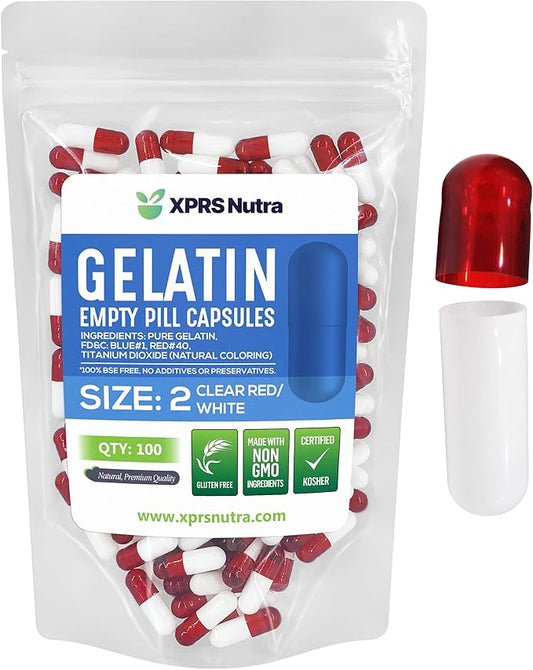 XPRS Nutra Size 2 Empty Capsules - 100 Count Empty Gelatin Capsules - Empty Pill Capsules - DIY Capsule Filling - Pure Bovine Pill Capsules Empty Gel Caps (Clear Red/White)