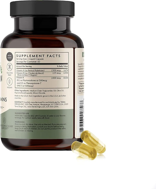 TERRA ORIGIN ADK Essential Vitamins - 60 High Potency Liquid Capsules, Vegan, Non-GMO, Gluten Free, Made in The USA.