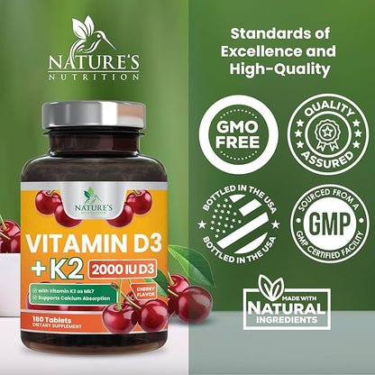 Vitamin D3 K2 as MK-7 2000iu of D3 & 75mcg K2, K2, Vitamin K2 D3 D3 Bone 180 Chewable