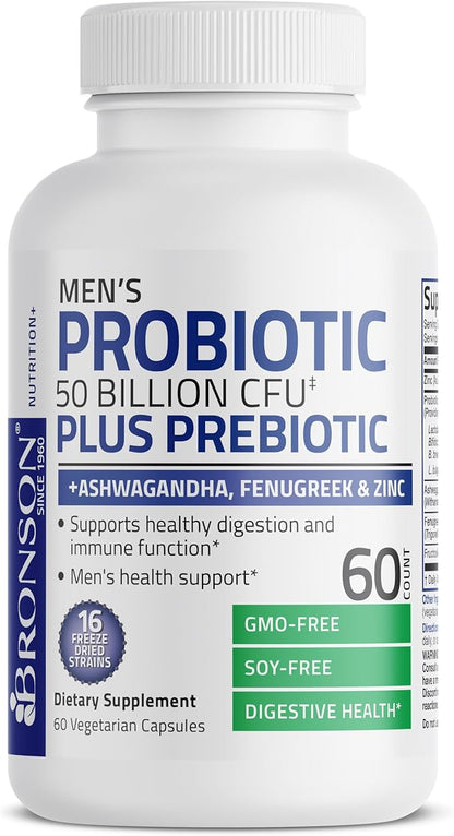 Bronson Men's Probiotic 50 Billion CFU Plus Prebiotic with Ashwagandha, Fenugreek & Zinc, Supports Healthy Digestion & Immune Function Non-GMO, 60 Vegetarian Capsules