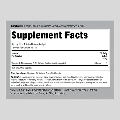 Piping Rock Vitamin K2 MK-7 100 mcg 120 Softgels