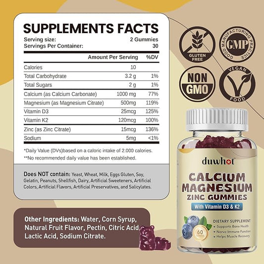 Calcium Magnesium Zinc Gummies with Vitamin D3 & K2, Chewable 60 Count