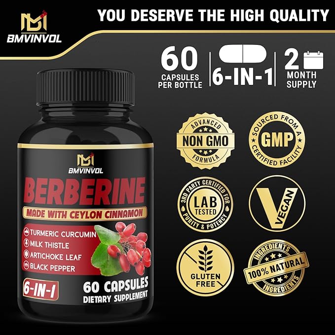 Berberine Supplement with Ceylon Cinnamon, Turmeric, 60 Capsules