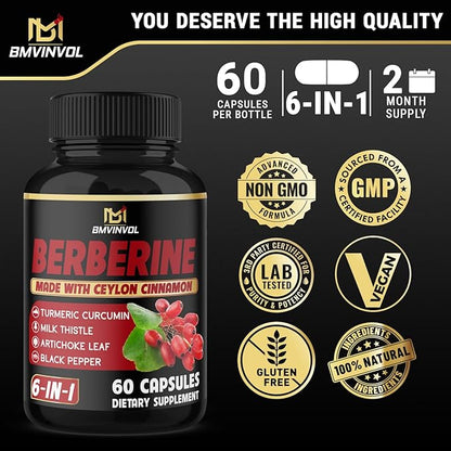 Berberine Supplement with Ceylon Cinnamon, Turmeric, 60 Capsules