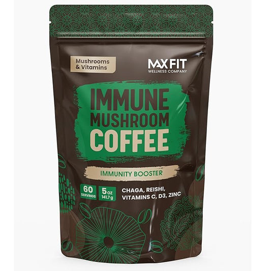 Immunity Mushroom Coffee Organic (60 Servings) Mental Focus Plus Wellness Boost for Immune System Support - Chaga, Reishi & Vitamins C, D3, and Zinc, Mixed with Gourmet 100% Arabica Instant Coffee