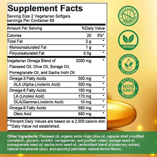 High-Potency Omega 3-6-9, 100% Vegan Sourced 120 Softgels, 60 Day