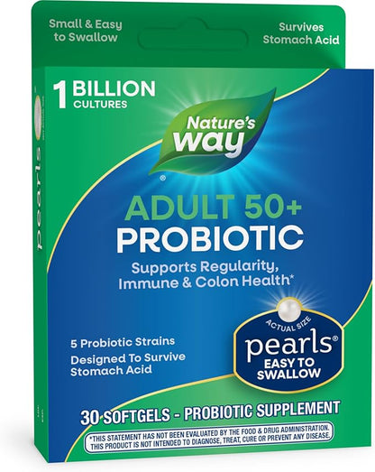 Nature's Way Adults 50+ Probiotic Pearls, Supports Regularity, Immune and Colon Health*, 1 Billion Cultures, No Refrigeration Required, 30 Softgels (Packaging May Vary)