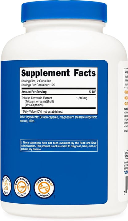 Nutricost Tribulus Terrestris Extract 1500mg, 240 Capsules - 45% Saponins, 120 Servings, Non-GMO, Gluten Free