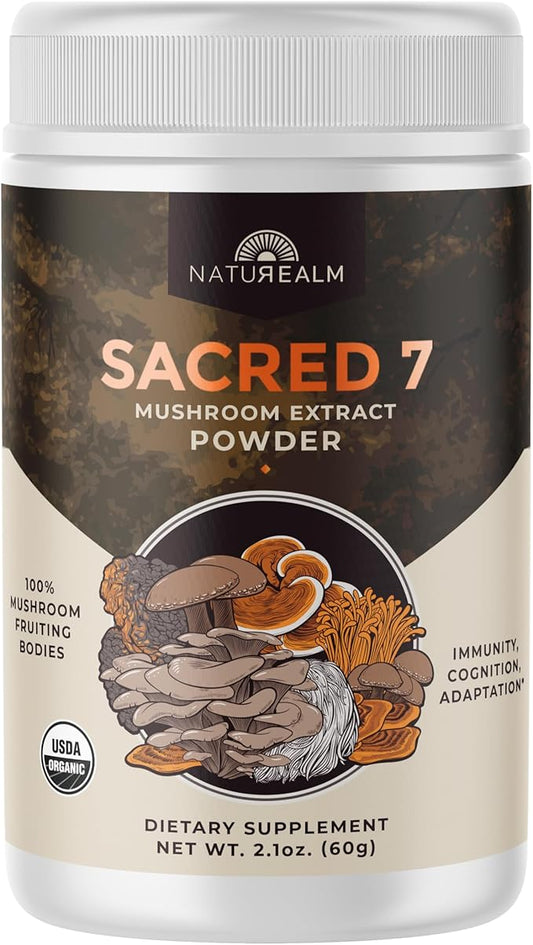 Naturealm Sacred 7 Mushroom Powder Supplement – Boost Immunity, Focus, Vegan, Non-GMO – Lion’s Mane, Cordyceps, Reishi, Chaga, Maitake, Shiitake – Organic Fruiting Bodies, 60-Day Supply