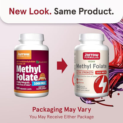 Jarrow Formulas® Methyl Folate 1000 mcg, Dietary Supplement, Methyl Folate for Cellular Energy Support, 100 Veggie Capsules, 100 Day Supply