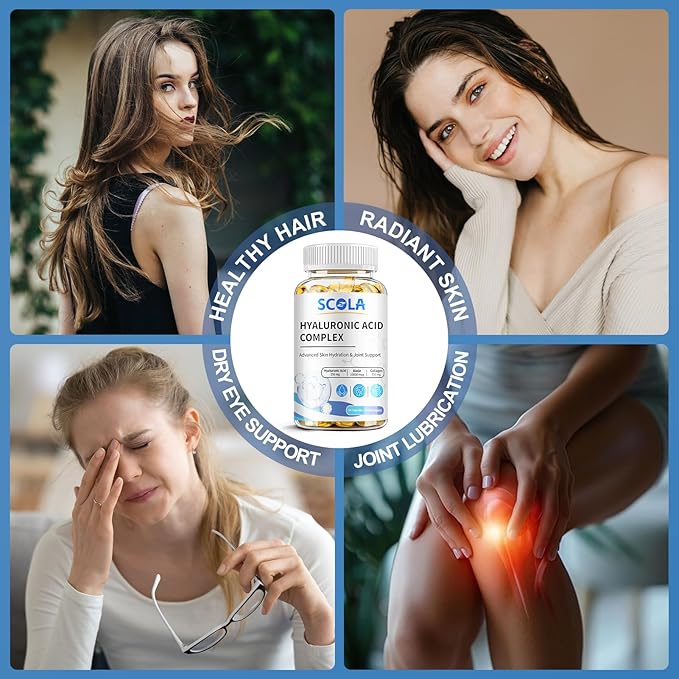Hyaluronic Acid Supplements - Advanced Skin Hydration & Joint Support with 250 mg Hyaluronic Acid, Vitamin C, Collagen, and 10000 mcg Biotin - Anti-Aging, Skin, Supplement - 60 Vegan Capsules