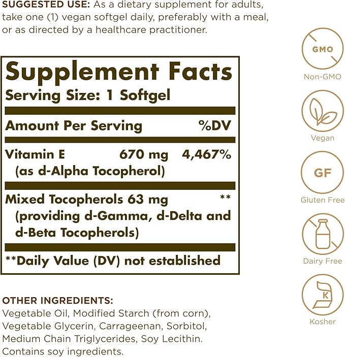 Solgar Vitamin E 670 mg (1000 IU) 100 Vegan 100 Servings