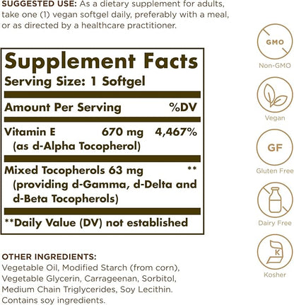 Solgar Vitamin E 670 mg (1000 IU) 100 Vegan 100 Servings