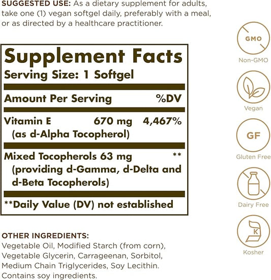 Solgar Vitamin E 670 mg (1000 IU) 100 Vegan 100 Servings
