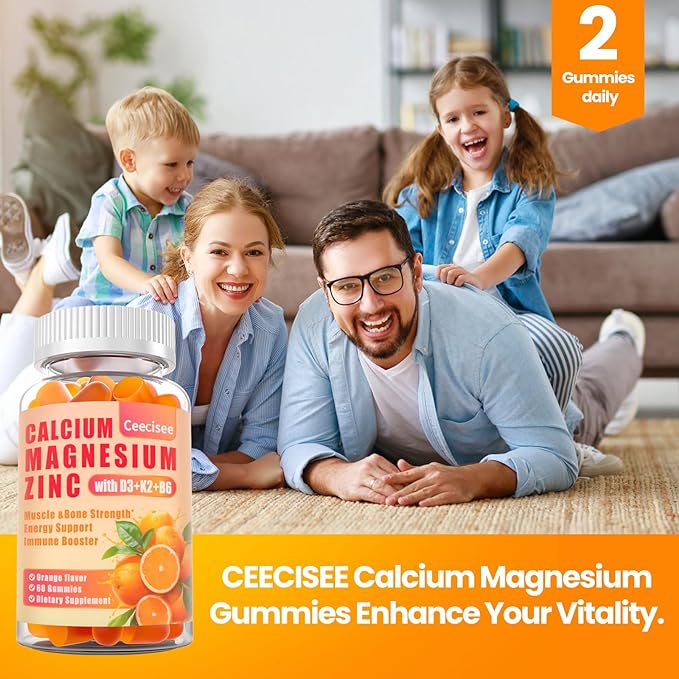 Calcium Magnesium Zinc Gummies with D3 &B6 &K2,1000mg Calcium Gummies with 300mg Magnesium Support Bone & Muscle for Adults and Teens,Sugar Free (60 Count (Pack of 2))