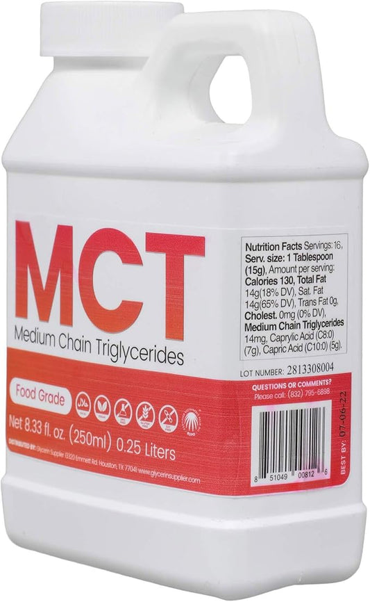 MCT Oil - 250mL (8.33 Oz.) Sustainable Palm Derived - USP Food Grade - Non GMO - Halal - for Sports Nutrition, Keto or Paleo Diet, Clean Energy, Extracts
