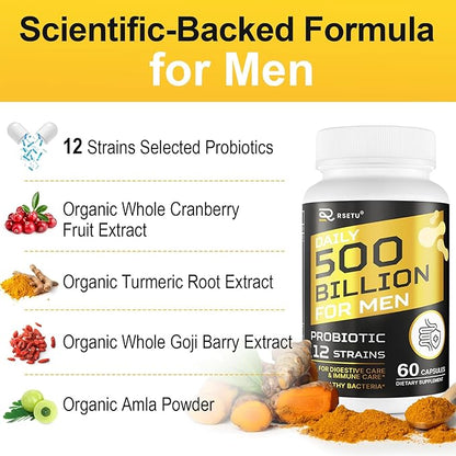 Probiotics for Men, 500 Billion CFU 12 Strains Mens Probiotic with Turmeric Cranberry & Goji, Gut Health for Men, Probiotics for Men Digestive Health, Bloating, Immune & Overall Health, 30-Day Supply