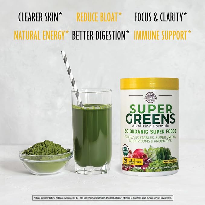 COUNTRY FARMS Super Greens Apple Banana 50 Organic 20 Servings, 10.6 Oz