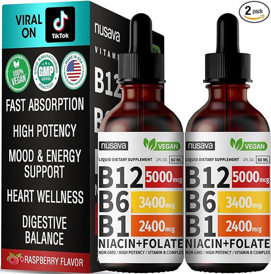 (2 Pack) Vitamin B12 Liquid Drops, B12 Sublingual 5000 mcg B6, Liquid B12 Methylcobalamin 27,200 mcg 80 Servings