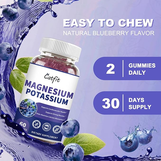 Potassium Magnesium Supplement Gummies,Magnesium Glycinate 500mg,Potassium Gluconate 99mg,Triple Magnesium Complex 1700mg,Calcium,Zinc,Vitamin D3 for Leg Cramps,Sleep,Immunity & Energy,60 Ct Blueberry