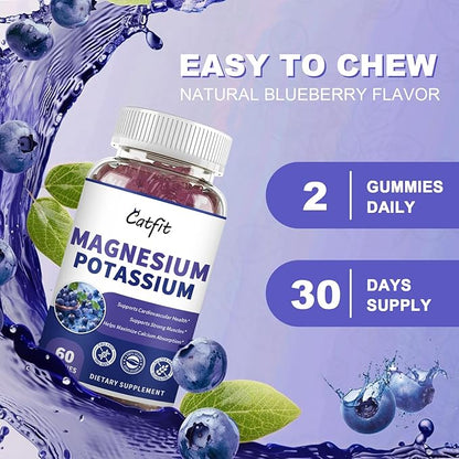 Potassium Magnesium Supplement Gummies,Magnesium Glycinate 500mg,Potassium Gluconate 99mg,Triple Magnesium Complex 1700mg,Calcium,Zinc,Vitamin D3 for Leg Cramps,Sleep,Immunity & Energy,60 Ct Blueberry
