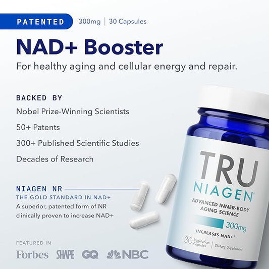 TRU NIAGEN Patented NAD Supplement for Anti Aging and Cell Regeneration, 300mg Niagen, 30 Servings | Supports Cellular Energy, Brain, Muscle | Nicotinamide Riboside (NR) Take 1 Daily | 2 Bottles