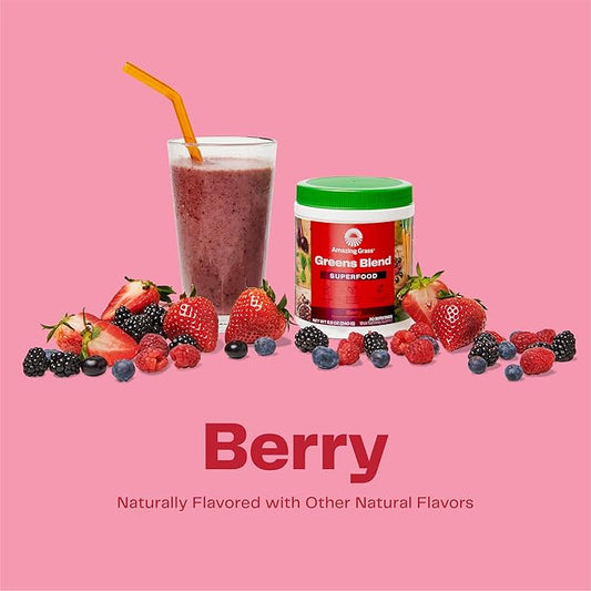 Amazing Grass Greens Superfood Powder: Greens Powder with Digestive Enzymes & Probiotics, Organic Spirulina, Chlorella, and Beet Root Powder, Berry, 60 Servings
