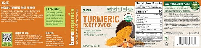 BareOrganics Turmeric Root Powder Superfood, Dietary 8 Oz