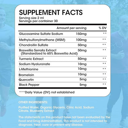 Glucosamine Chondroitin Liquid Drops with MSM Turmeric Boswellia Quercetin Bromelain-Vegan, Antioxidant Support for Back,Knee,Hands-Joint Support Supplement Healthy Joints, Mobility Cartilage