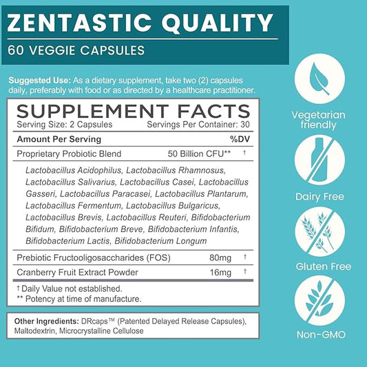Zentastic Probiotics & Prebiotics Supplement - 50 Billion CFU - for Men & Women’s Immune & Digestive Health - 16 Strains - Shelf Stable - 120 Delayed Release Veggie Capsules