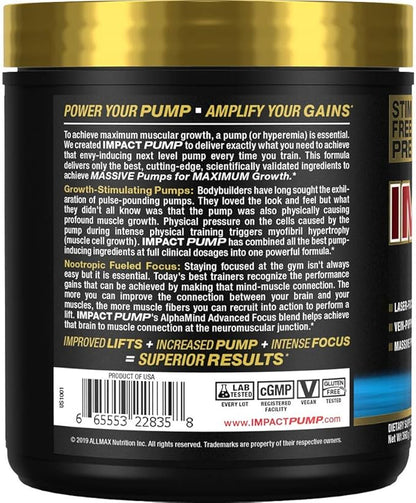 ALLMAX Impact Pump, Blue Raspberry - 360 g - Stim-Free Pre-Workout Formula - Boosts Pumps & Mind-Muscle Connection - with Citrulline Malate & Lion’s Mane - Up to 30 Servings