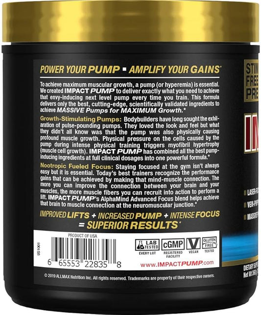 ALLMAX Impact Pump, Blue Raspberry - 360 g - Stim-Free Pre-Workout Formula - Boosts Pumps & Mind-Muscle Connection - with Citrulline Malate & Lion’s Mane - Up to 30 Servings